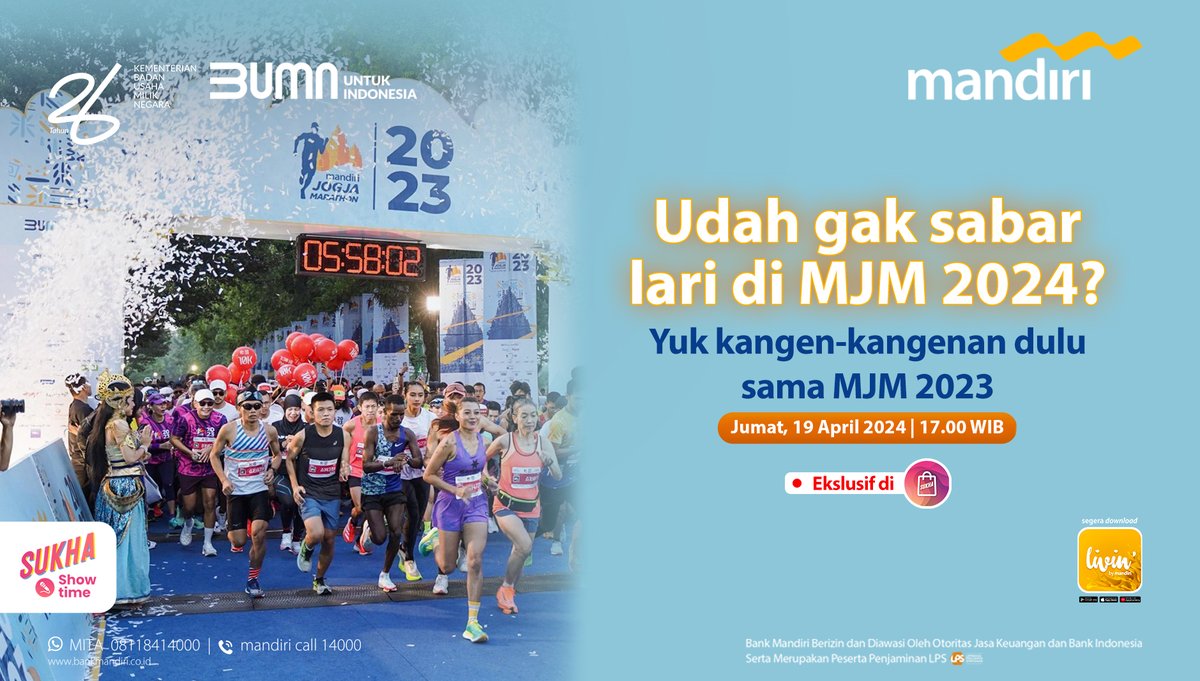 Mandiri Jogja Marathon (MJM) akan hadir lagi nih! Sambil menunggu, ikut kita kangen-kangenan dulu yuk. Kamu bisa ikutan HARI INI, jam 17.00 WIB di fitur Livin' Sukha pada aplikasi Livin' by Mandiri. #LivinSukha #SuperAPPSuperLengkAPP