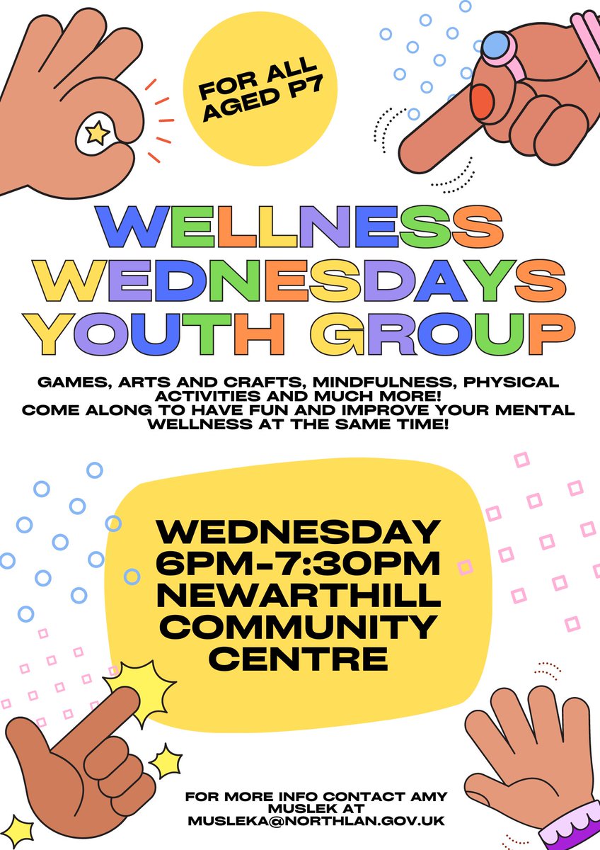 New Wellbeing group starting on Wednesdays for P7 pupils. Newarthill Community Centre, Motherwell, 6-7:30pm. Come along!