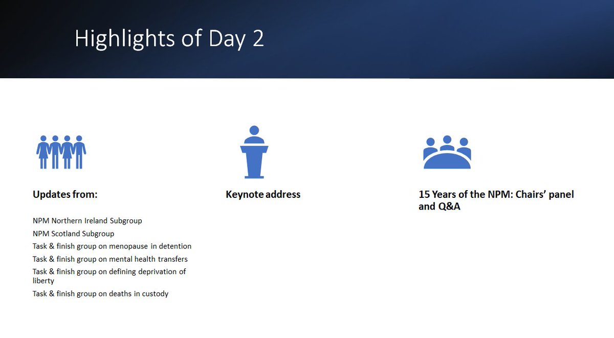 We are delighted to be joined by UK NPM Chairs past & present at our Annual Conference in #Cardiff next week Alongside @WendySinclair17 we will discuss changes in detention since UK ratified OPCAT in 2009 w/Dame Anne Owers, David Strang, @nicklhardwick2 & @JohnWadham #UKNPM15