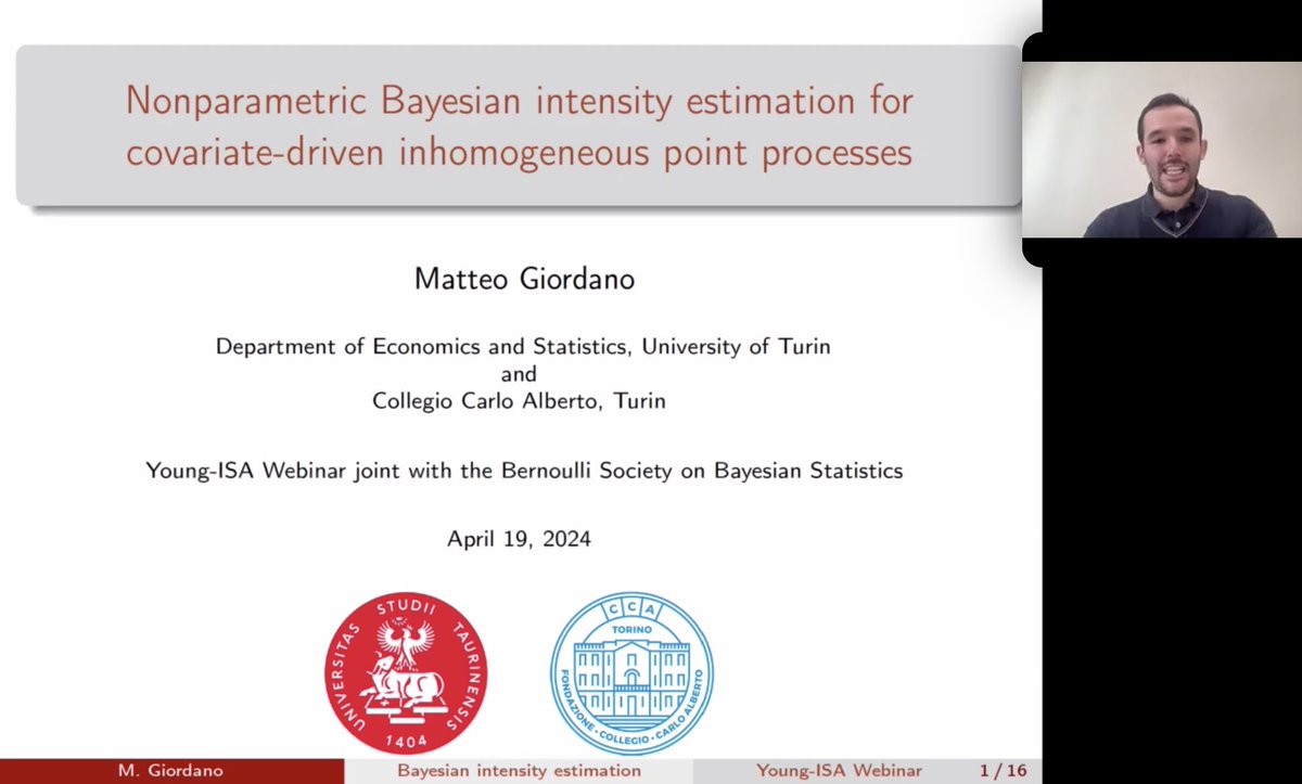 Young-ISA (@young_stats_isa) on Twitter photo Our next speaker is Matteo Giordano from the University of Turin on Nonparametric Bayesian intensity estimation for covariate-driven inhomogeneous point processes! <a href="/BernoulliSoc/">Bernoulli Society</a> Our next speaker is Matteo Giordano from the University of Turin on Nonparametric Bayesian intensity estimation for covariate-driven inhomogeneous point processes! <a href="/BernoulliSoc/">Bernoulli Society</a>