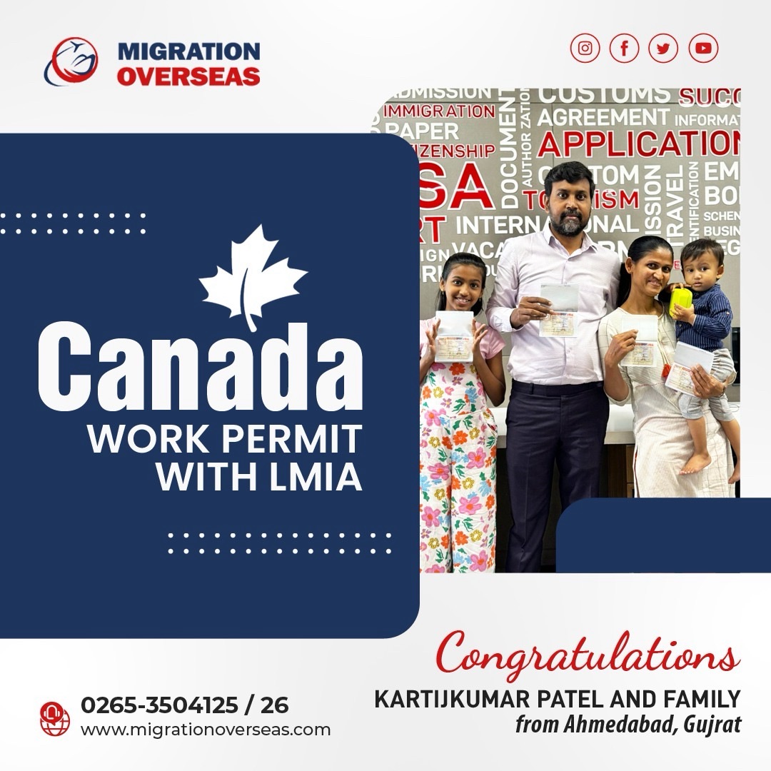 Congrats Mr. Kartijkumar Patel and family from #Ahmedabad #Gujarat for #Canada 🇨🇦 #WorkPermit with #LMIA #MigrationOverseas. Call +91-265-3504125 for an Appointment.