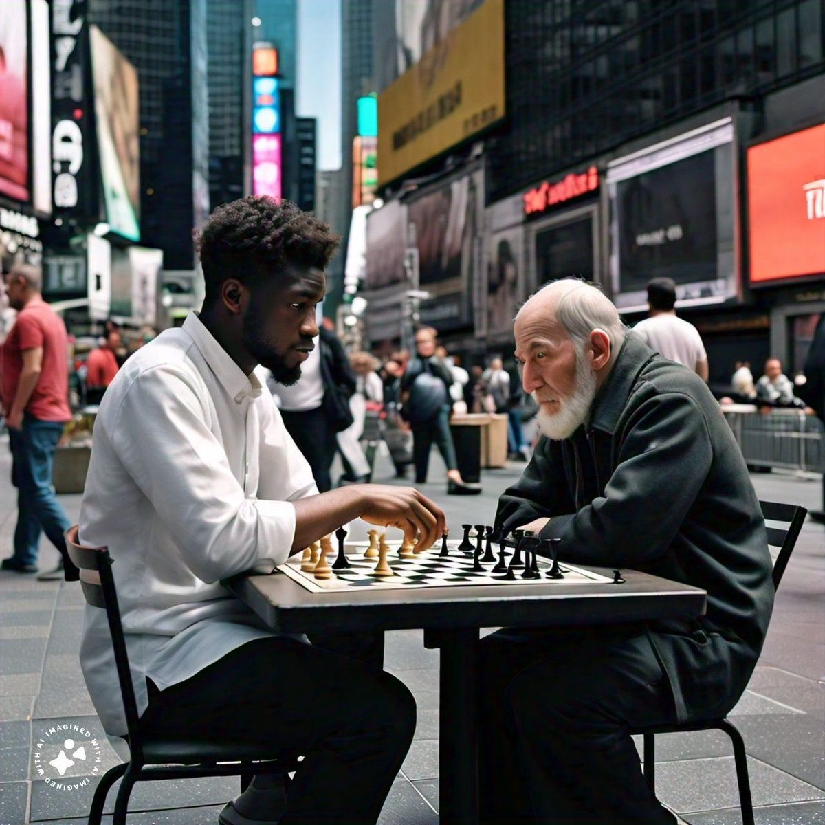 EduEle5's tweet image. I asked Meta AI to give me a generated picture of Tunde Onakoya during his Guinness world record attempt at the New York City’s iconic Times Square 

The result👇👇👇

#Tunde58hoursofChess
#Chessmarathonforchange