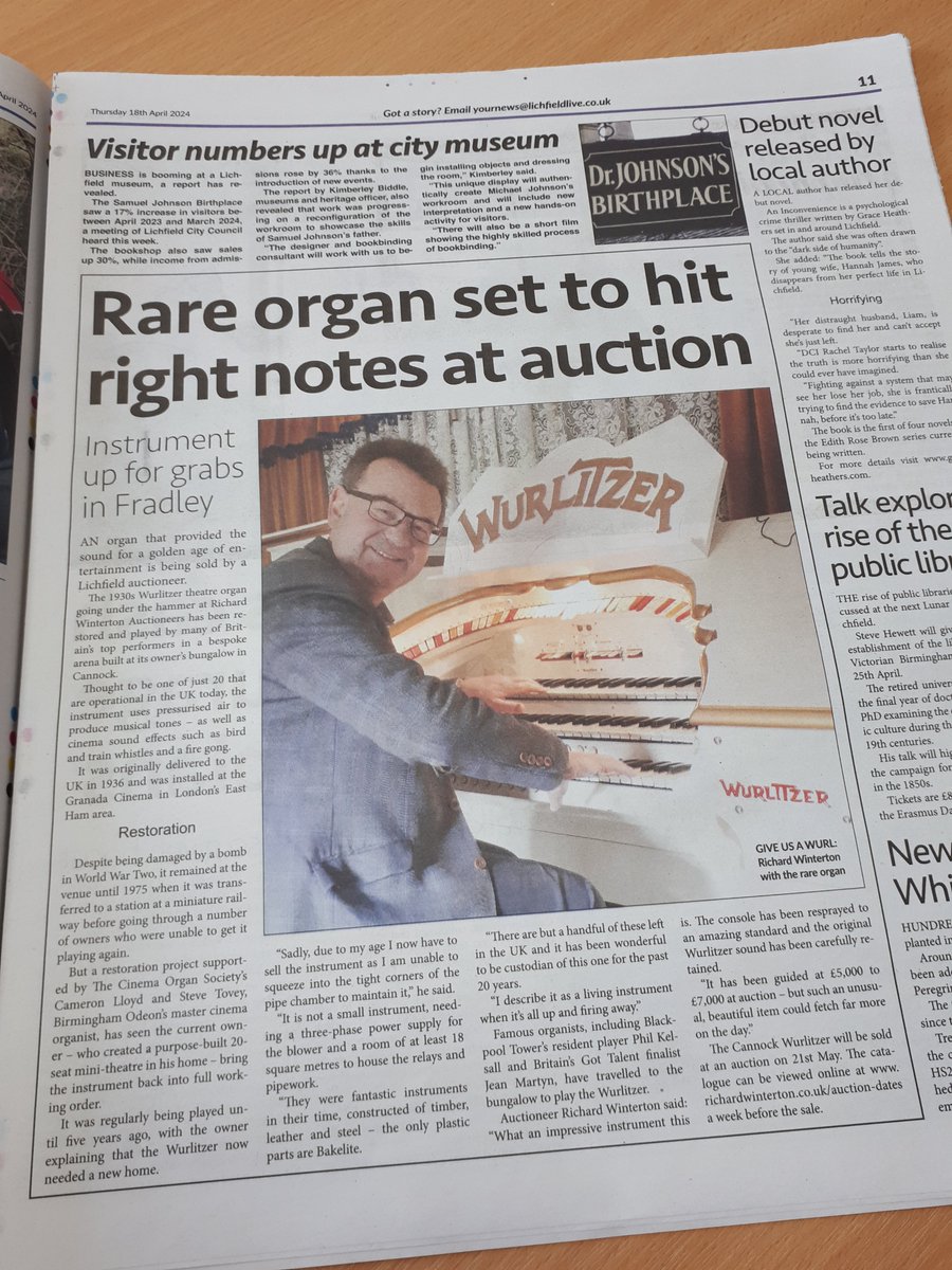 Great coverage of the Wurlitzer story in the latest Lichfield & Burntwood Independent with a big article on p11 and making the front page teaser too 📰
Thanks @LichfieldLive 

#Lichfield #Burntwood #LocalNews #newspapers