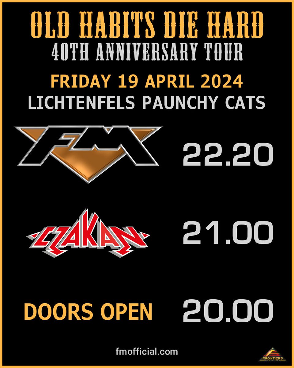 Happy Friday all! 
We're on our way to #Lichtenfels and #PaunchyCats for tonight's show.
Doors open at 20.00h with #Czakan on at 21.00h and we take to the stage at 22.20h.

See ya soon! 

#FMlive #40thAnniversaryTour #oldhabitsdiehard #germany #classicrock #melodicrock #ontour