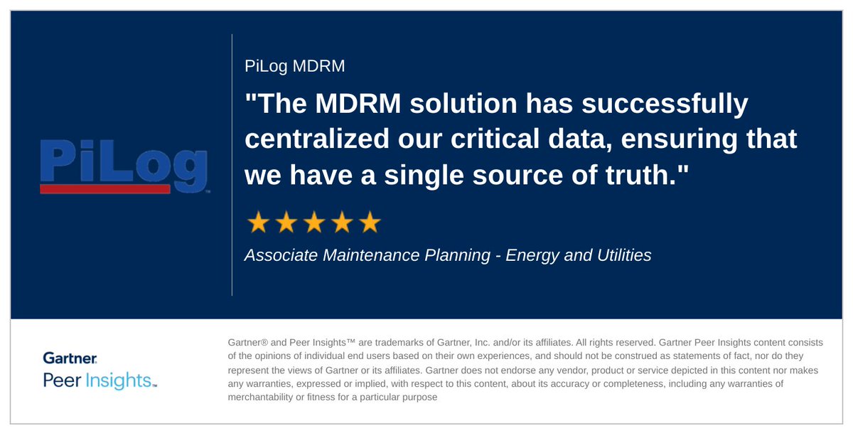 Associate Maintenance Planning in the Energy and Utilities Industry gives PiLog MDRM 5/5 Rating in Gartner Peer Insights™ Master Data Management Solutions Market. Read the full review here: gtnr.io/lAgr0wpBR 

#gartnerpeerinsights #Gartner #data #analytics #dataanalytics