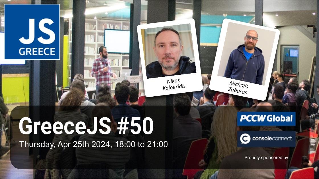 Join our 50th #greecejs #meetup on Thursday 25th of Apr!

Nikos Kalogridis will talk about the "Effect-building production level #typescript #apps+staying happy" &amp; <a href="/mikezaby/">mike zaby</a> "Building a #DataDriven #Audio Engine with #WebAudio".

2ly.link/1xfbt 

Sponsor: <a href="/ConsoleConnect/">Console Connect</a>