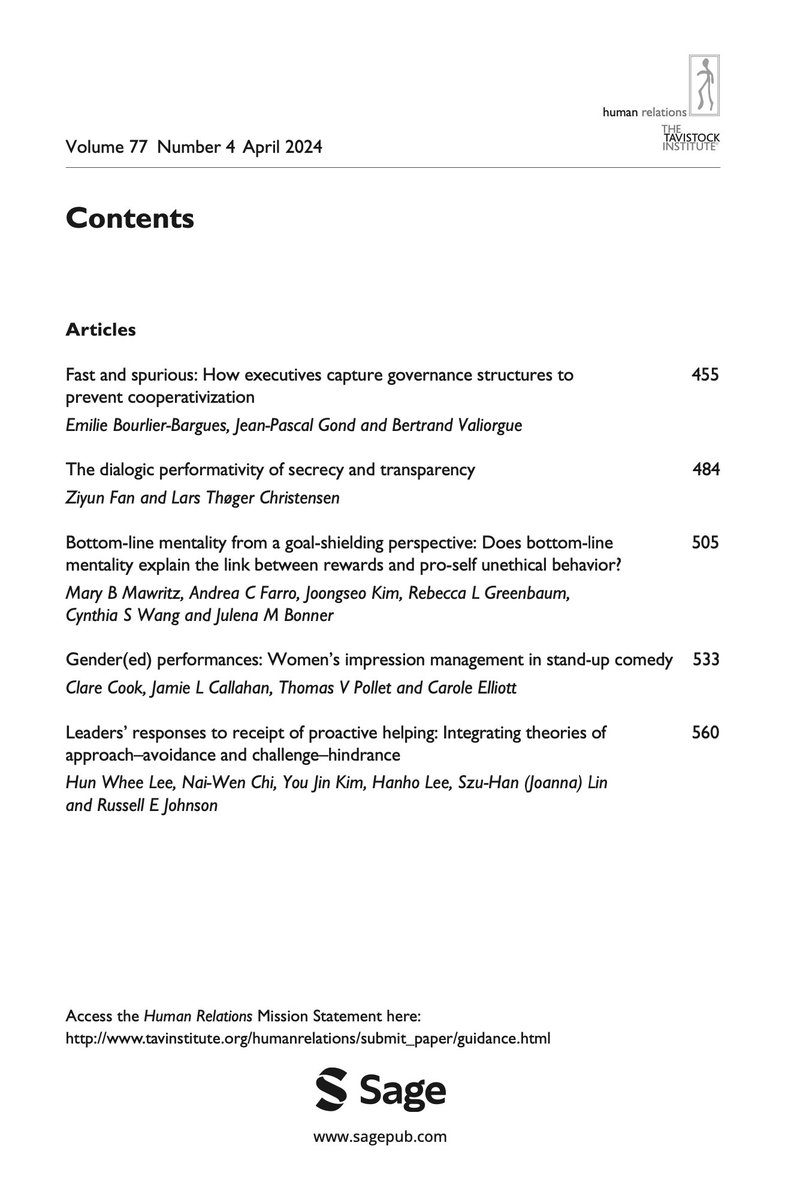 Have a look at our #April #Issue @HR_TIHR for #interesting and some really #meaningful research! -- #Governance structures and cooperativization! -- #Pay #transparency and #secrecy -- #Gendered #performance and #impression management -- #Proactive helping @T_I_H_R