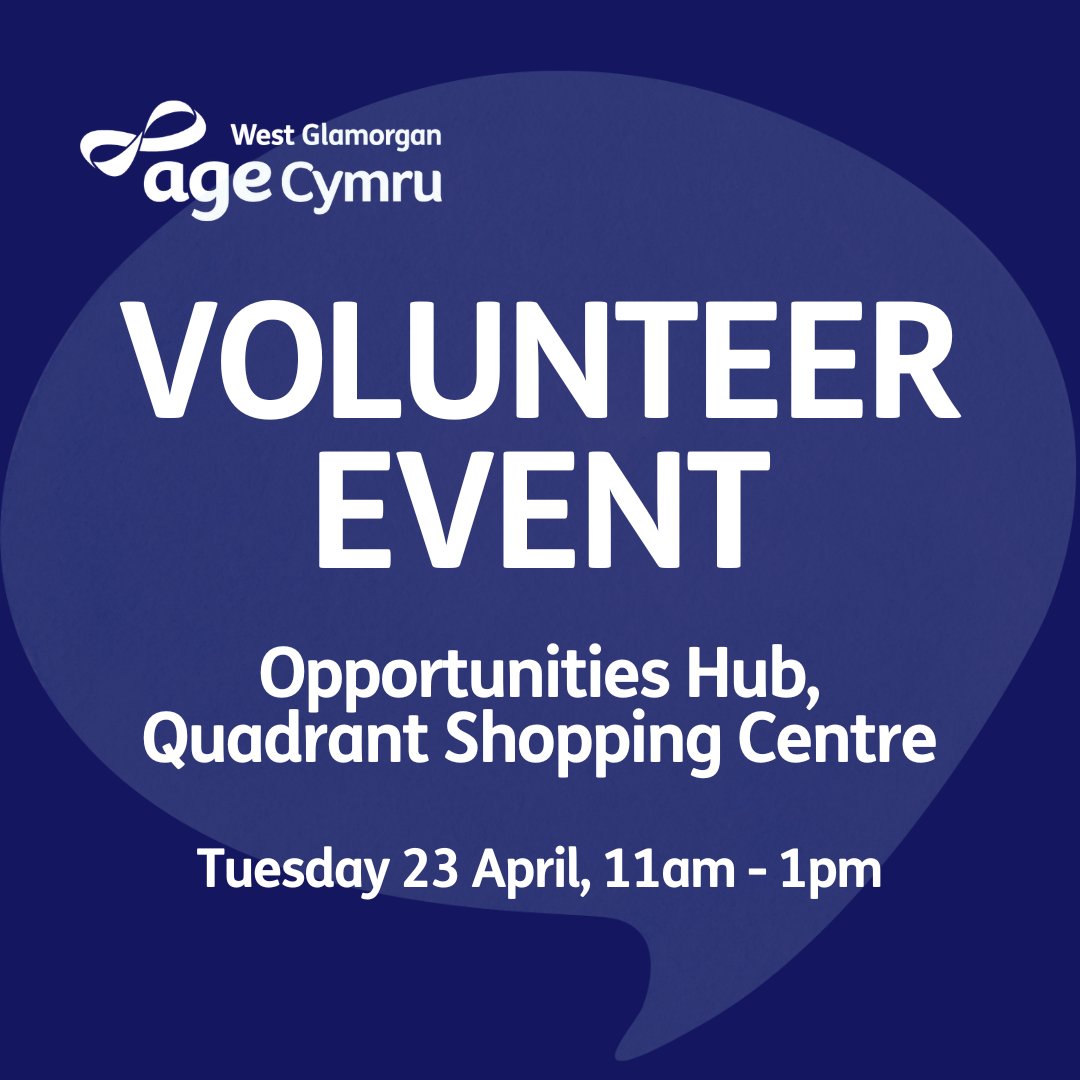 Have you ever wondered what it would be like to volunteer with us? 💭

Join us this Tuesday 23rd April at the Opportunities Hub at the @QuadrantSwansea between 11am to 1pm where you can pop in for a chat and a cup of tea to find out more about volunteering.

See you there! 👋
