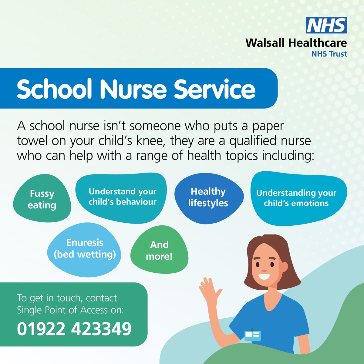 👩‍⚕️ #DidYouKnow - a school nurse is a qualified professional who can help with a range of health topics for you and your child. 👪 Parents/carers in #Walsall can refer to the @SchoolNWalsall service. 📞 Call 01922 423349 (during office hours) to find out more.