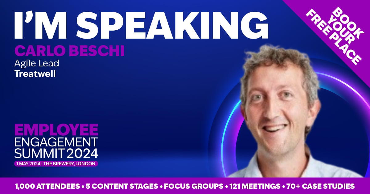 Delighted to announce that Carlo Beschi, Agile Lead at @Treatwelluk will be joining us at this year's Employee Engagement Summit. Carlo will be on the Breakout Stage: Strategy & Leadership from 13:40-14:00 - book today > bit.ly/3xHF9ew