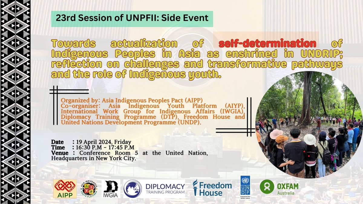 🇺🇳 Today, IWGIA´s Senior Advisor Lola García-Alix will moderate the side-event “Towards actualization of self-determination of Indigenous Peoples in Asia as enshrined in UNDRIP” organized by @aippnet 🗓️ 19 April '24, 16:30-17:45 (NY time), UN Headquarters, CR-5 #UNPFII2024