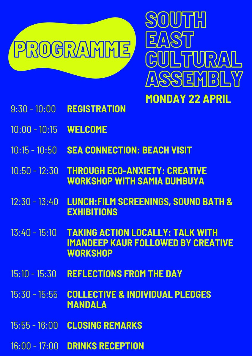 #SouthEastCulturalAssembly programme is live 📣 We're so excited to be partnering with @CultureDeclares, @SussexUni & @dlwp for this day of collective enquiry into eco-anxiety & climate justice 🌊 🔥 Guest speakers @samiuhhh & @ImmyKaur will join us for this regional event!