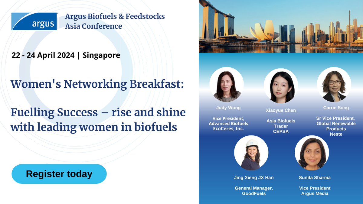 The first day of the Argus Biofuels & Feedstocks Asia Conference will start with a Women's Networking Breakfast: Fuelling Success – rise and shine with leading women in biofuels.   Find out more:okt.to/iTJIDX   #biofuels #cleanfuels #saf