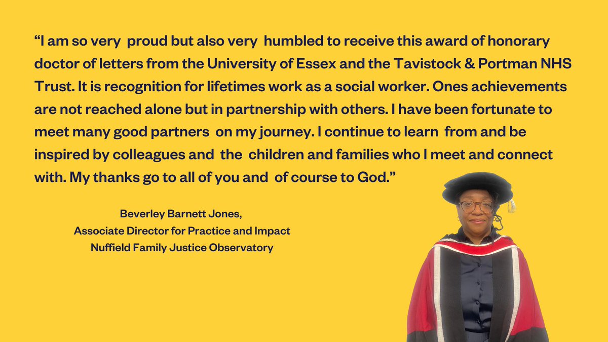 A huge congratulations to NFJO's Beverley Barnett Jones who has received an honorary doctor of letters from @Uni_of_Essex and @TaviAndPort A hugely deserved recognition of many years of hard work and dedication to improving the lives of children and families