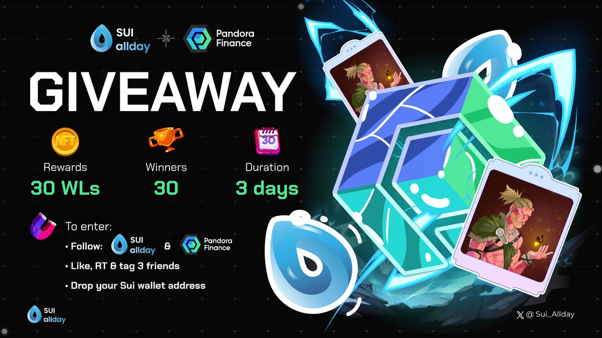 🎉  GIVEAWAY: Sui allday x Pandora Finance

• Rewards: 30 WLs to mint Pandorian
• Duration: 3 days

To Enter:

- Follow @pandora_finance + @Sui_AllDay

- Like, RT & tag 3 friends
- Drop your Sui wallet address

#BuildOnSui #Sui_allday