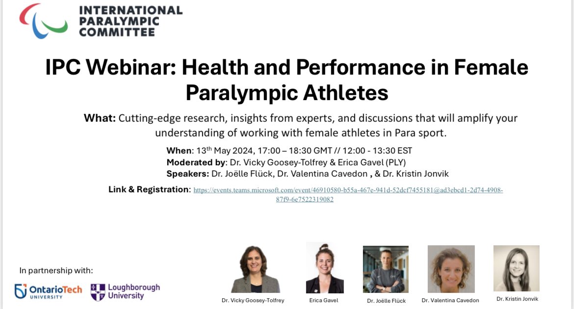 IPC Webinar: Health and Performance in Female Paralympic Athletes 📅13th May 2024 ⏰17.00-18.30 GMT / 12:00-13.30 EST To sign up to the event: events.teams.microsoft.com/event/46910580…