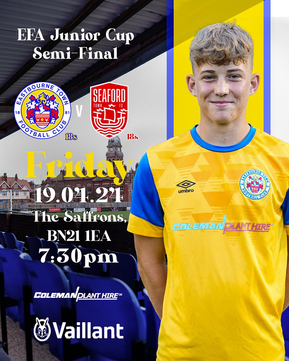 𝐌𝐀𝐓𝐂𝐇𝐃𝐀𝐘! Friday Night Football Special ⚽️ Our 18s are back in action this evening with a Semi-Final clash at The Saffrons against Seaford. 🏟 The Saffrons, BN21 1EA 🕢 7:30pm 🏆 @eastbournefa Junior Cup Semi-Final 🎟️ FREE ENTRY #UpTheTown🟡🔵 | @seafordtownfc