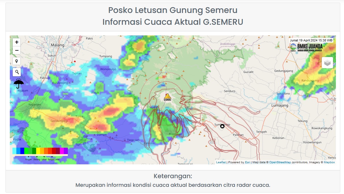 Berdasarkan *citra radar cuaca BMKG 19 April 2024 pukul 15.38 WIB*, telah terjadi hujan dengan intensitas *SEDANG-LEBAT* di wilayah *G.SEMERU*. Diprakirakan hujan masih dapat berlangsung hingga *120 menit kedepan*, dengan pergerakan awan ke arah *Timur Laut*.