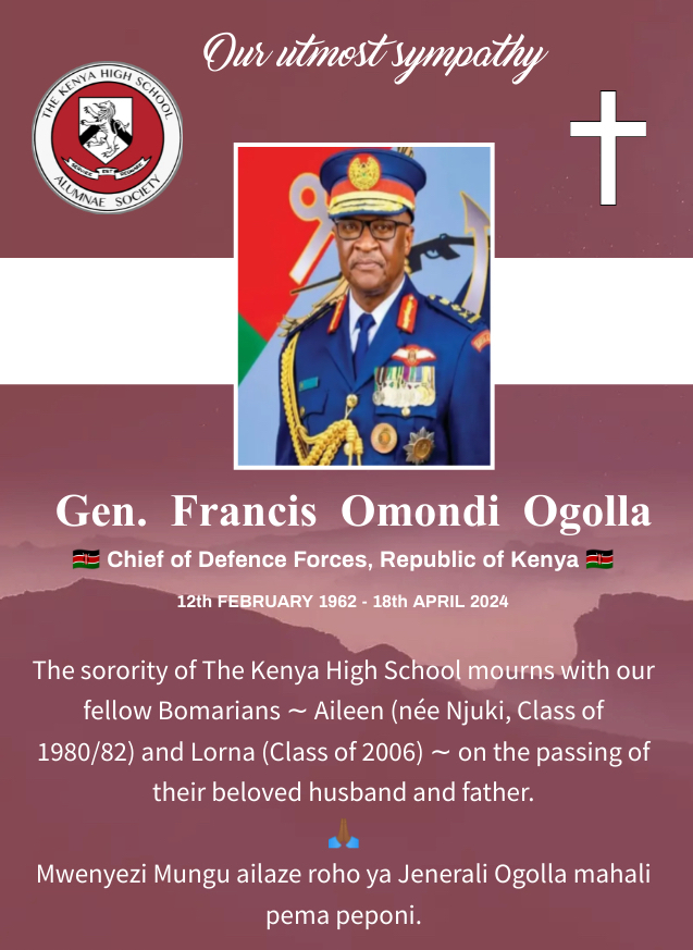 KHS_Alumnae's tweet photo. We join the rest of the nation in mourning the tragic loss of Gen. Francis Ogolla (Chief of the Defence Forces, CDF), Lt. Col. David Kipchirchir Sawe (@LaibonSociety, C/O 1990) &amp; their fellow service members.
Our hearts go out to Aileen, Lorna &amp; family during this difficult time. https://t.co/uHxALLVrR1