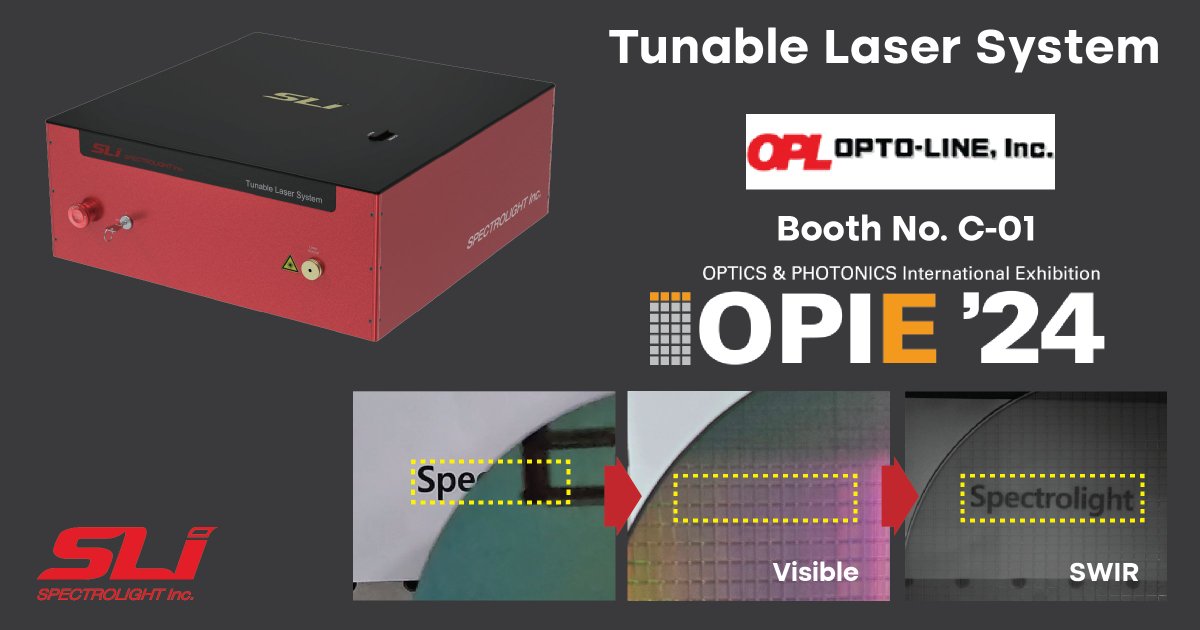 SpectrolightInc's tweet image. Meet our brand new Tunable Laser System at the OPIE 2024 exhibition!

Date : April 24th - 26th
Location : Pacifico, Yokohama

Booth No. C-01
Opto-Line Inc.

See you there!

#tunablelightsource #tunablelaser #tunablelasersystem #photonics #physics #spectroscopy