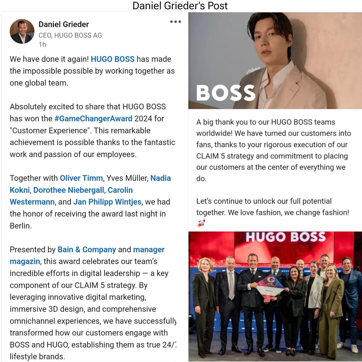 Daniel Grieder: @HUGOBOSS received the Game Changer Awards 2024 for best 'Costumer Experience'🏆

Congratulations team #BOSS !

#LeeMinHo
#BeYourOwnBOSS #thechoiceisyours 

linkedin.com/posts/daniel-g…