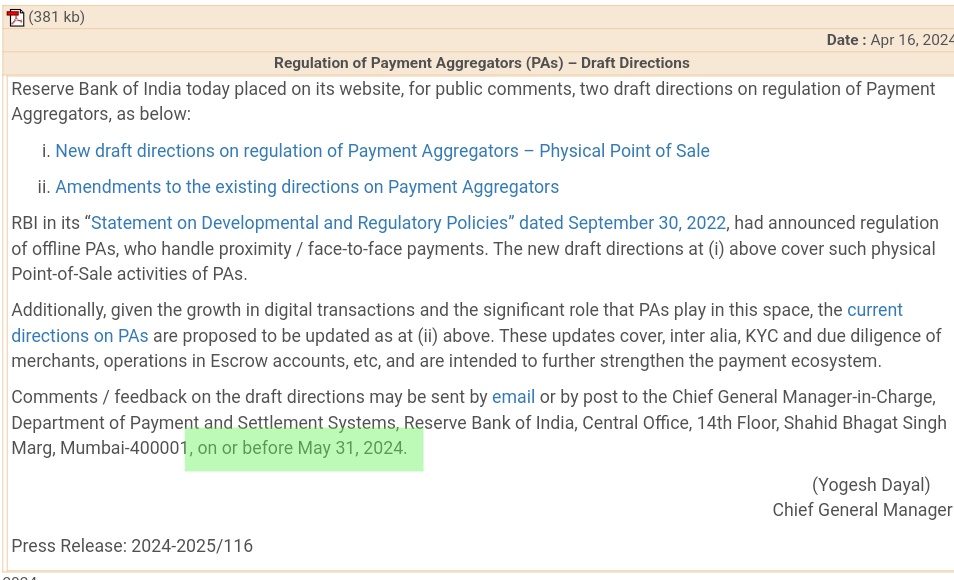 💥🔔RBI ISSUED NEW DRAFT GUIDELINES for PAYMENT AGGREGATOR 💥 rbi.org.in/Scripts/BS_Pre…