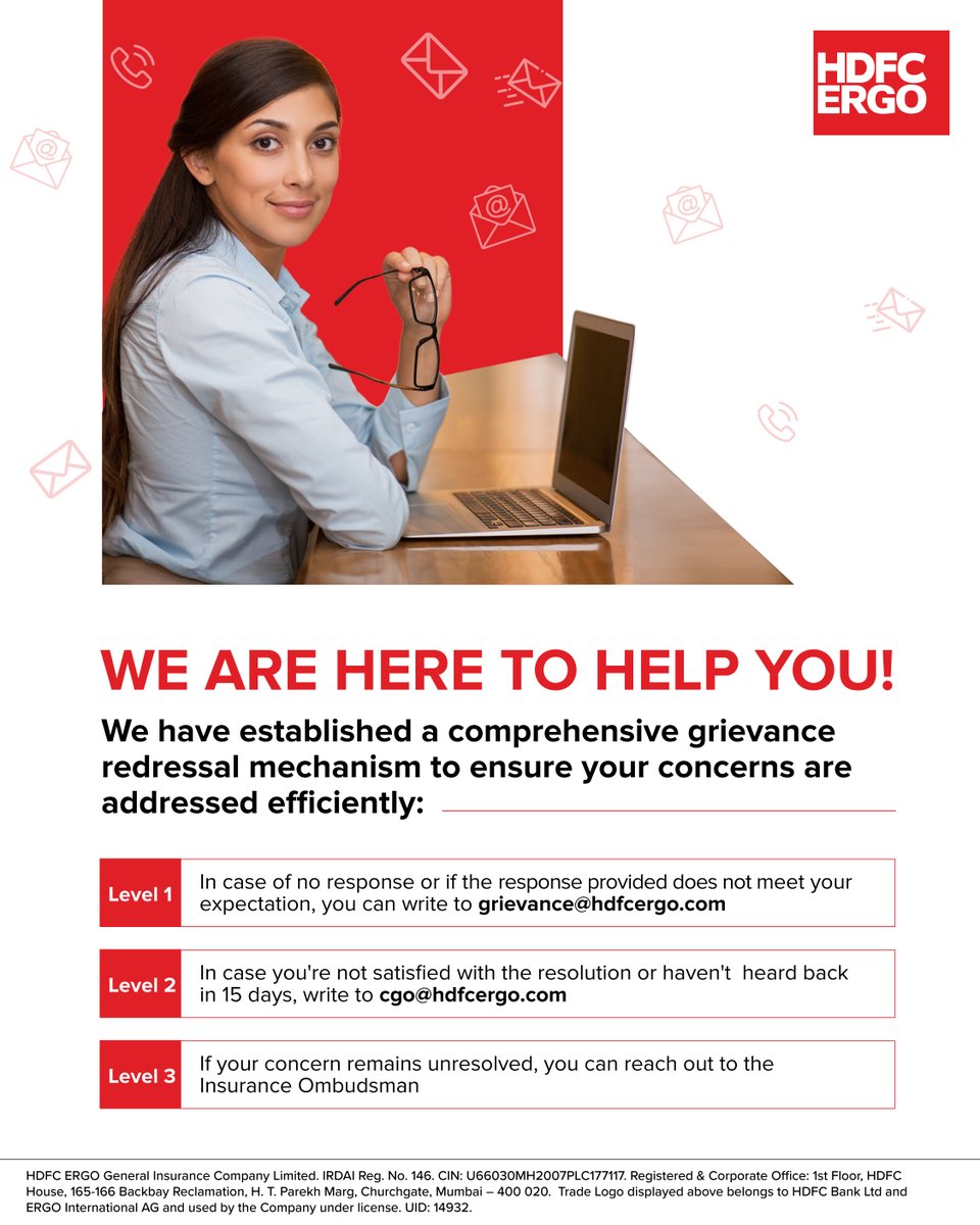 Your concerns are our top priority at HDFC ERGO. We've set up a comprehensive grievance redressal process that aims to address and resolve your issues promptly. Please visit our website hdfcergo.com to learn more about the grievance redressal process. #HDFCERGO