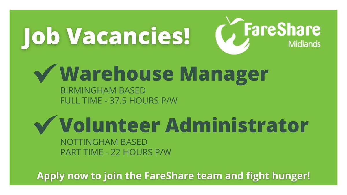 📢 Job Vacancies! We're looking for a Warehouse Manager and a Volunteer Administrator to: ✅ Be part of a team that's making a change ✅ Help us end unnecessary food waste ✅ Support the people across the Midlands See more details on our website buff.ly/49J6OsN