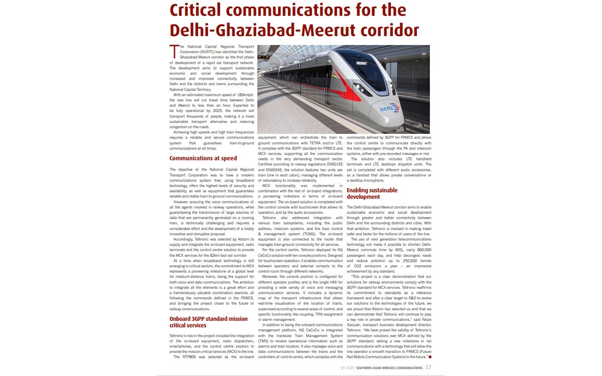 The latest issue of @AsianWiComms includes our project for the Delhi-Meerut corridor, in which Teltronic was responsible for the integration of the on-board equipment, radio dispatchers, smartphones and the control centre solution to provide #MCX services asianwirelesscomms.com/Media/Default/…