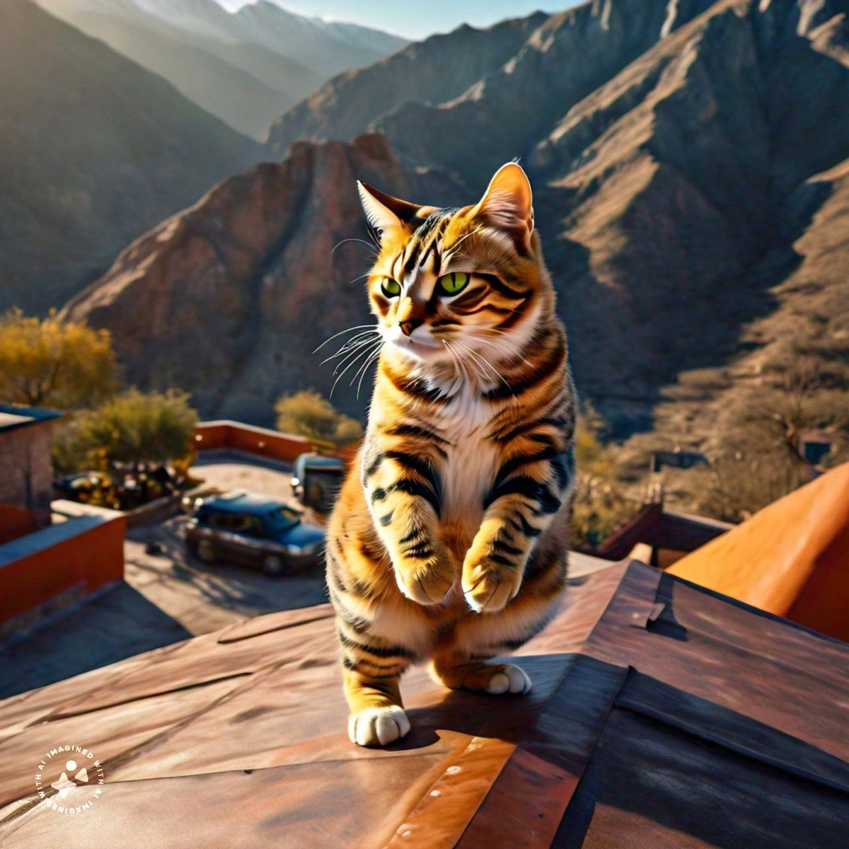 'Free as a breeze, this whimsical feline dances on the rooftop, captivating the beauty of the mountains and the magic of the moment!'#cats #CatLovers #Animlslover