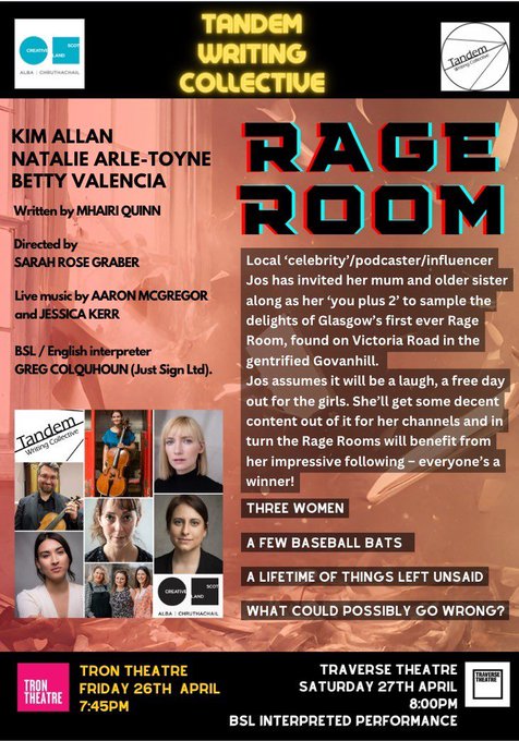 Next week @tandemwriters are back with their their Rock, Paper, Scissors series! Rage Room is a new dark comedy by Mhairi Quinn. Tickets are SOLD OUT but there's still time to grab a seat for their 3rd and final instalment: Ivor (24 May) BOOK HERE ➡️ tron.co.uk/shows/rock-pap…