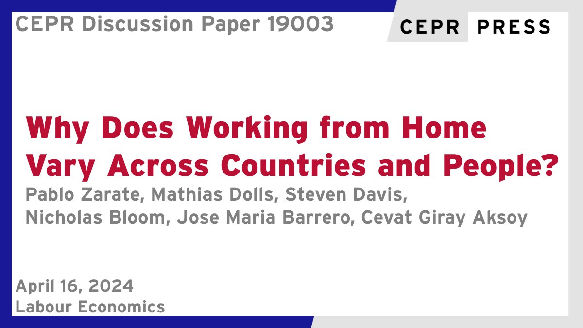 New CEPR DP19003 Why Does Working from Home Vary Across Countries and People? @PabloZarate98 @Princeton, @MathiasDolls @ifo_Institut, S Davis @HooverInst, @I_Am_NickBloom @Stanford, @Jose_MariaRD @ITAM_mx, @cevatgirayaksoy @EBRD @Kingspol_econ ow.ly/Pq8W50RiTF0 #CEPR_LE