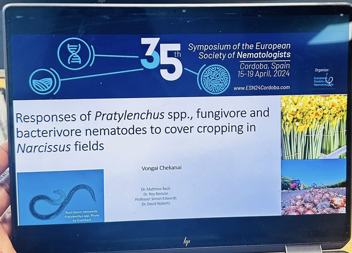 Had the opportunity to present our work on nematode suppressive cover crops in Narcissus fields at #ESN2024 in Cordoba, Spain. Appreciated is the support from our funders, @JamesHuttonInst @HarperAdamsUni @ScotAgCoOp @Hutchinsons_Ag @GrampianGrowers @TheAHDB @DrMattBack