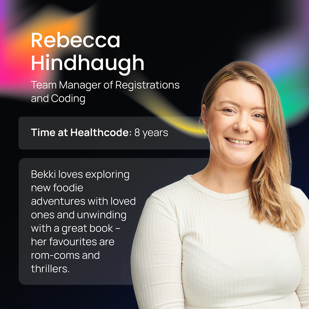It's always good to put a face to a name. This month we're shining our #employeespotlight on Rebecca Hindhaugh, our Team Manager of Registrations and Coding. 

#Healthcode  #TeamManager #Registrations #Coding