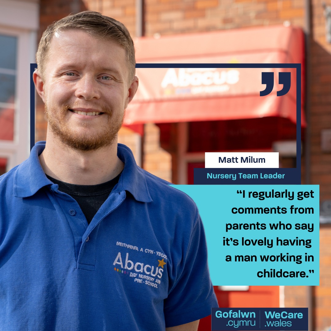 “I have something different that I can bring to the children.” Matt is the team leader at Abacus Day Nursery in Swansea. As a man working at a nursery, he believes he offers a different perspective. Watch Matt’s story here wecare.wales/case-study/mat…