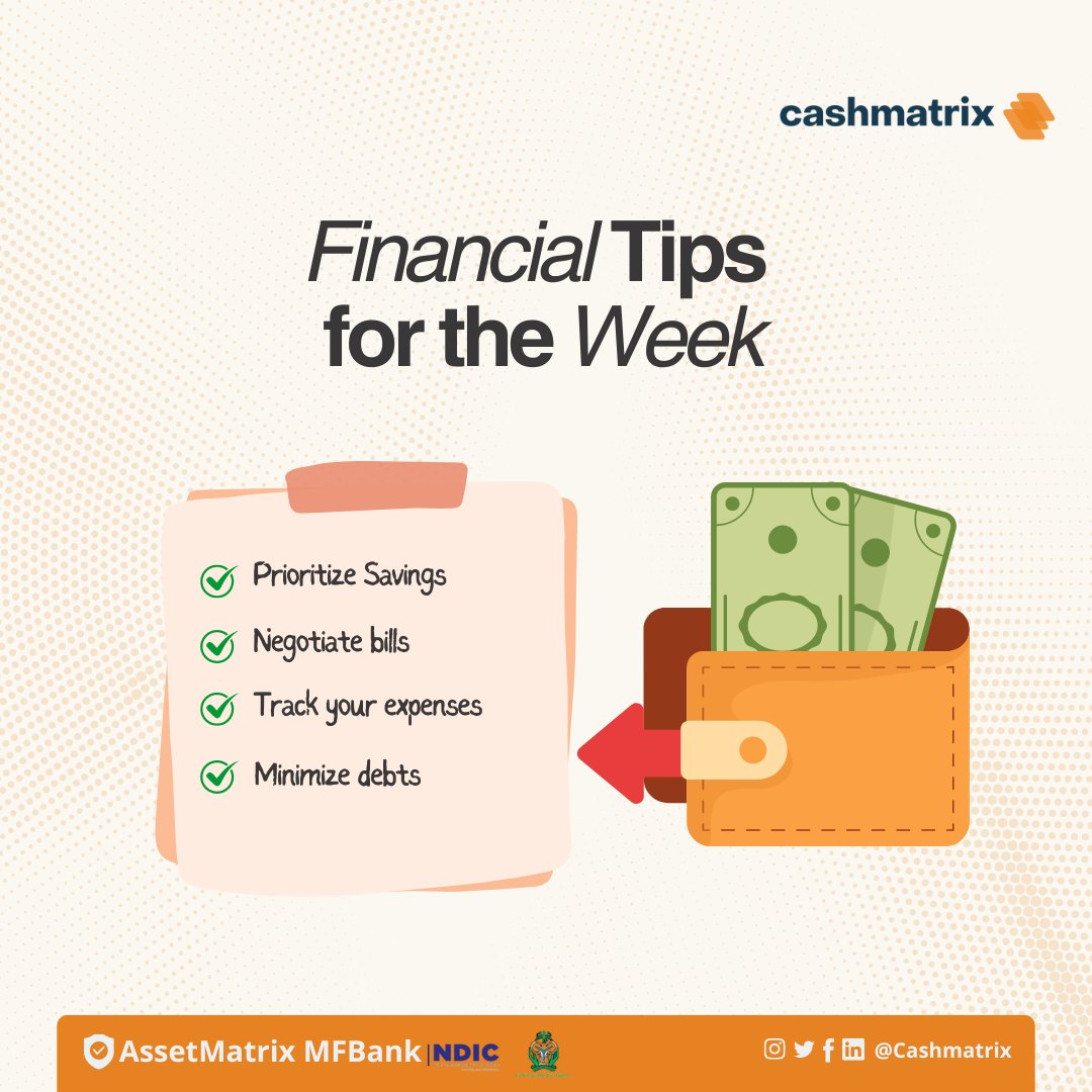 Hello Cashmatrix Fam, 
We hope you find this financial tips helpful
DigitalBanking #MobileBanking #EasyBanking #SeamlessTransactions #DoItAllWithCashmatrix #CashmatrixApp