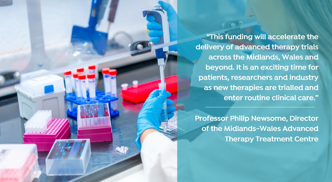 New investment in advanced therapies | The Midlands-Wales Advanced Therapy Treatment Centre (@AttcMw), jointly led by @unibirmingham and @uhbtrust, is part of a £17.9m network renewal funded by @NIHRresearch and overseen by @innovateuk and @CGTCatapult > birminghamhealthpartners.co.uk/midlands-wales…