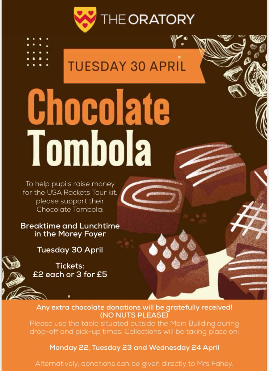 🎾🍫 Chocolate Tombola 🍫🎾

Save the date 
 📆 Tuesday 30th April

To help raise funds for the USA rackets Tour kit 🇺🇸 @OratorySport