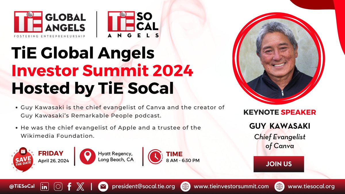 We're thrilled to announce that Guy Kawasaki, Chief Evangelist of Canva will be our keynote speaker at TiE Global Angels Investor Summit 2024 will start at Hyatt Regency Long Beach, CA on Friday, 26th April.

#TiEGlobal #investors #Guykawasaki #TiE #InvestorSummit2024