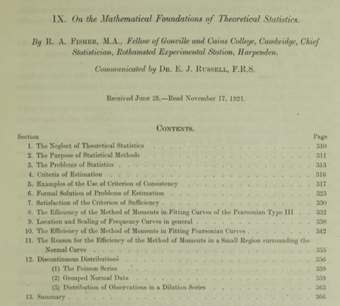 #OTD 1922 RA Fisher publishes 'On the Mathematical Foundations of Theoretical Statistics'. He first read it to RSS @RoyalStatSoc on 17 Nov 1921. It ushered in modern mathematical statistics & marked a seismic shift in statistics which until then lacked a unifying structure. 1/6