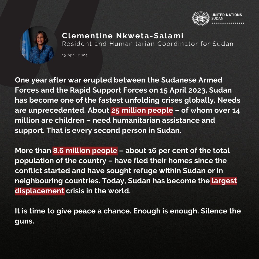 One year since conflict erupted, Sudan is now one of the world's fastest unfolding crises. More than 8.6 million people – about 16 per cent of the total population of the country – have fled their homes. Let's silence the guns and give peace a chance. #KeepEyesOnSudan