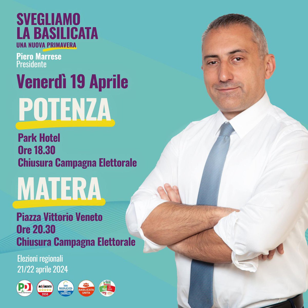 Evento del giorno 19/04 CHIUSURA CAMPAGNA ELETTORALE Ore 18:30 Potenza Ore 20:30 Matera #PdBas #siamodallapartegiusta #votapartitodemocratico #unitisivince con #marresepresidente #regionali2024 #svegliamolabasilicata 🛑 resta aggiornato 🛑 basilicatapd.it