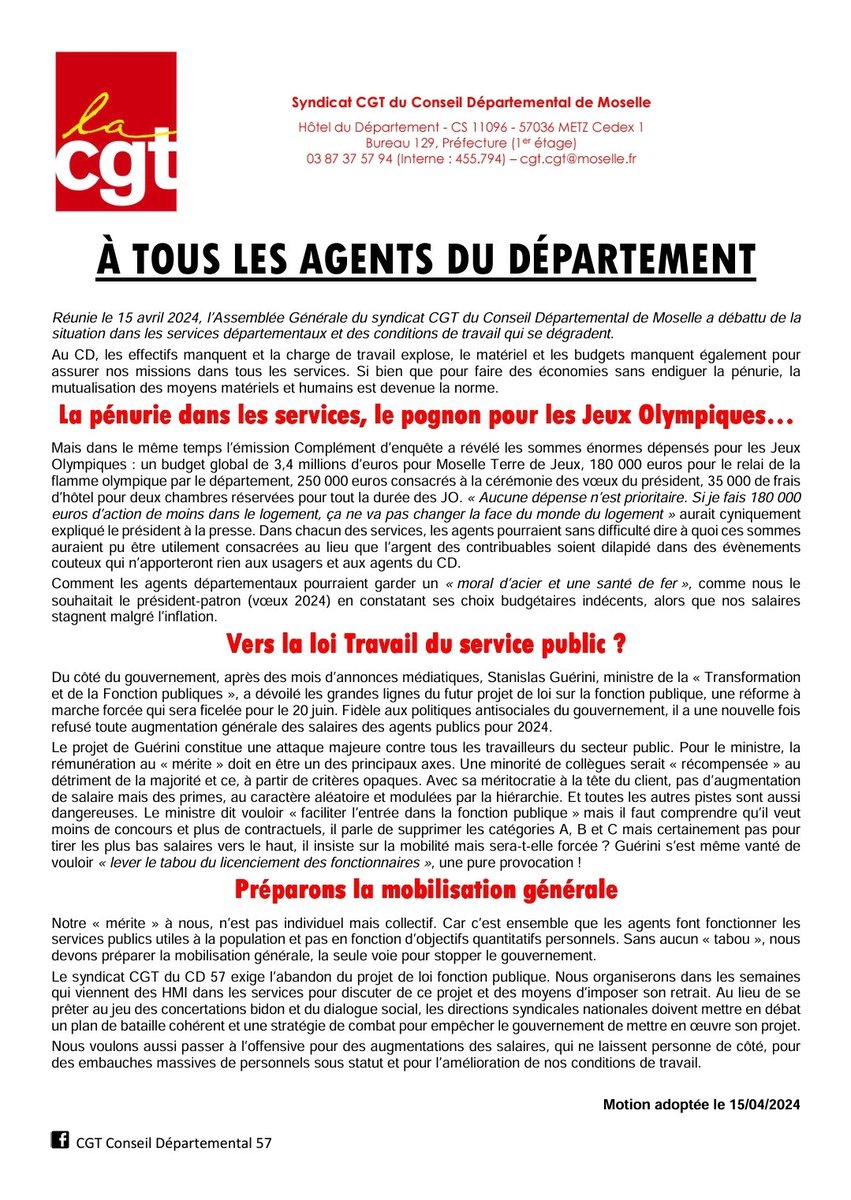 👊🏽Motion adoptée par l'AG de mon syndicat. Au #CD57, y a pas de fric pour les #salaires et les services mais y en a pour les #JO2024. Et @StanGuerini prépare la loi travail du secteur public : les syndicats doivent rompre le #dialoguesocial et préparer la #mobilisationgenerale