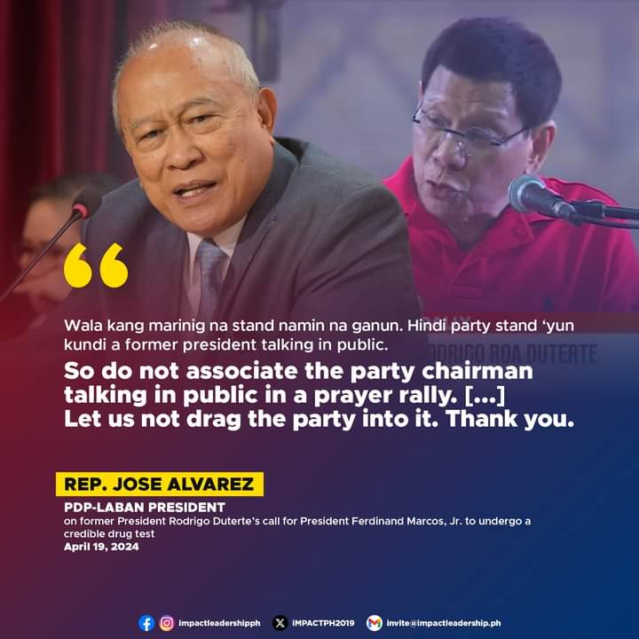 'HINDI PARTY STAND 'YUN KUNDI A FORMER PRESIDENT TALKING IN PUBLIC'

PDP-Laban President and Palawan Rep. Jose Alvarez clarifies that Duterte's call for PBBM to undergo a credible drug test does not reflect the official stance of their party but rather his personal opinion.