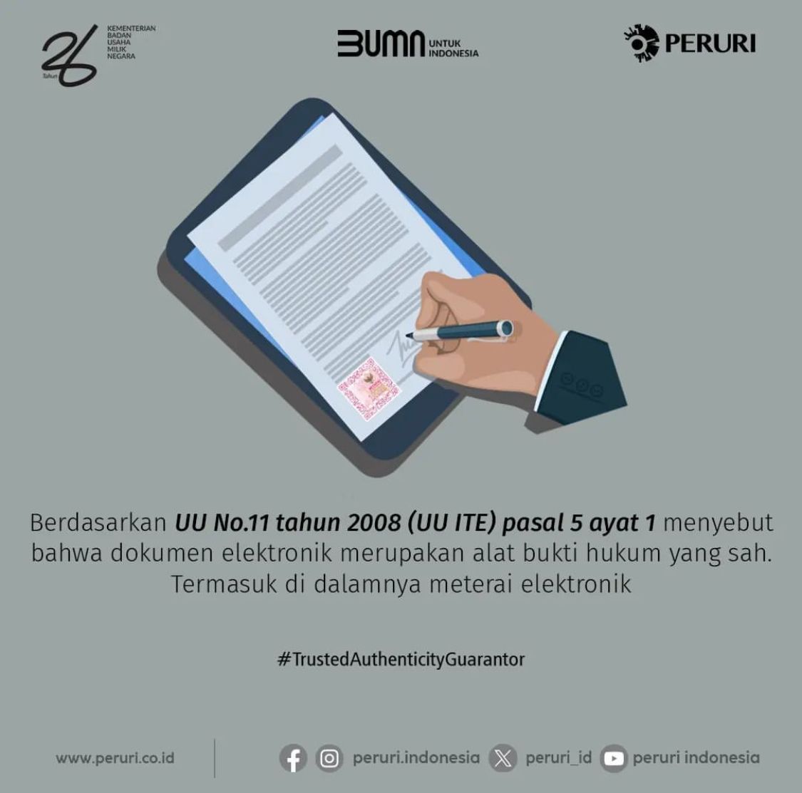 longicia's tweet photo. Sobat Peruri, dokumen elektronik sudah ada Undang Undang yang mengatur.
UU no.11 Tahun 2008 pasal 5 ayat 1 
adalah alat bukti hukum yang sah.

#Peruri #Perurilndonesia
#trustedauthenticityguarantor #trustedauthenticityguarantatorsince1971 #penjaminkeaslian #peruripenjaminkeaslian https://t.co/Q1H5D9eCNx
