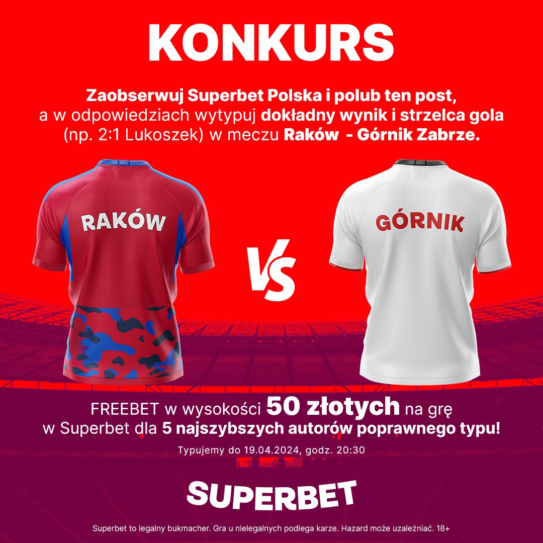 SuperbetPL's tweet photo. #KONKURS! Typujemy dokładny wynik  oraz strzelca gola ⚽️ w meczu Raków Częstochowa - @GornikZabrzeSSA
---
✅ Zaobserwuj  @SuperbetPL

❤️ Polub i daj RT 🔁
👤 Dodaj nick z Superbet
🎁 Nagroda - freebet 50 PLN💰

#RCZGÓR https://t.co/VasA6u9uKI