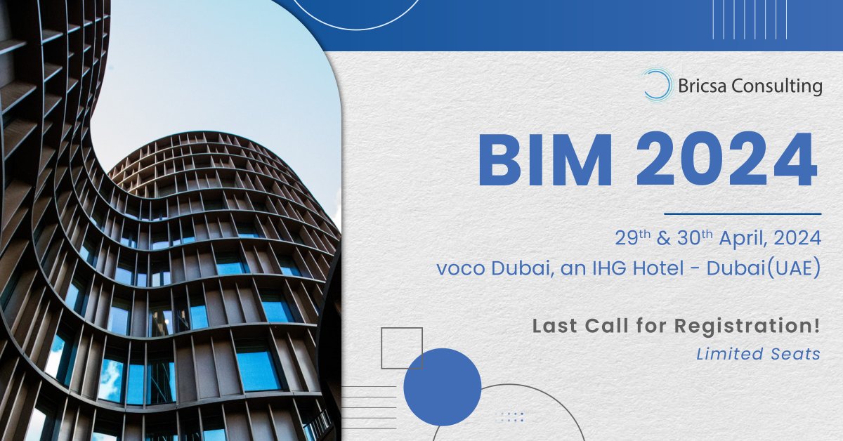 Hurry! it's your final chance to join us on April 29th-30th, 2024, at voco Dubai, an IHG Hotel. 🚀

🔗 Register today to reserve your spot: bim.bricsaconsulting.com

See you there!

#BIMDubai2024 #ConstructionInnovation #BIM #MiddleEast #Registration #DigitalTwin #bricsaconsulting