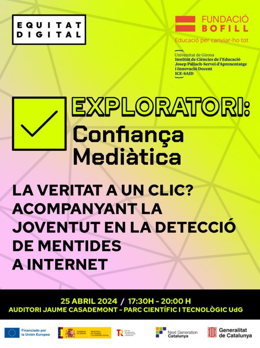 🔍 Descobreix com la desinformació pot afectar la joventut i l'educació en la jornada 'La Veritat a un Clic'. Una oportunitat única per explorar les implicacions i solucions amb experts en el camp. 📅25/04 ⏰ 17:30 – 20:00 📍@ParcUdG 🔗 tinyurl.com/2ajeqdh5