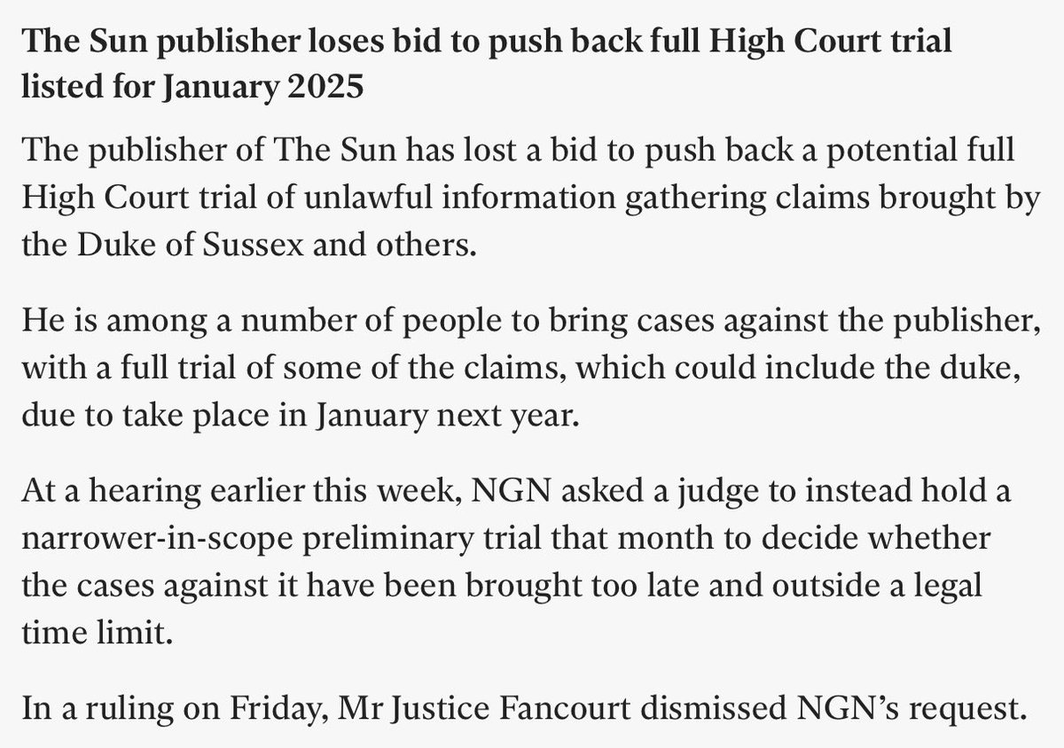 The Sun publisher loses bid to push back full High Court trial listed for January 2025. In a ruling on Friday, Mr Justice Fancourt dismissed NGN’s request.