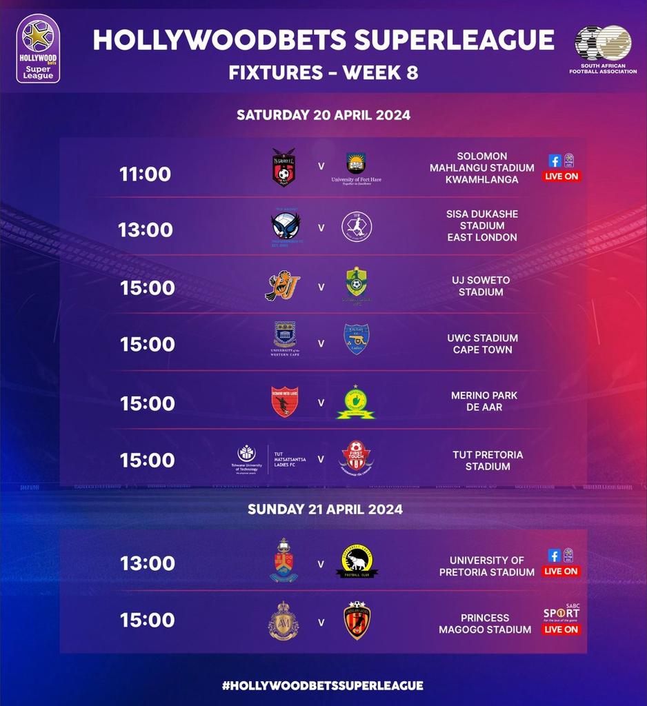 Rolling into week 8 of #HollywoodbetsSuperLeague like 🎲🎲⚽️⚽️⚽️🇿🇦❤️🎲

See our fixtures for this weekend 

🤔🤔which matches will be you be watching? 

#BekeLeBekeSL